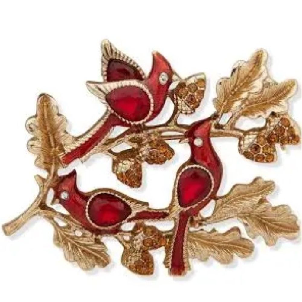 NWT Anne Klein Birds on a Branch GoldTone Brooch with red, clear & gold Crystals
